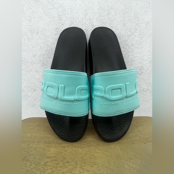 Polo Ralph Lauren Slides Mens Blue Black Spell Out Slide Rubber Sandal Casual 14 - Picture 1 of 6